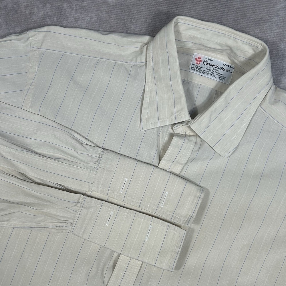 Turnbull & Asser Cream w/ Blue White Vertical Stripes Dress Shirt 17 - 43 Cm *